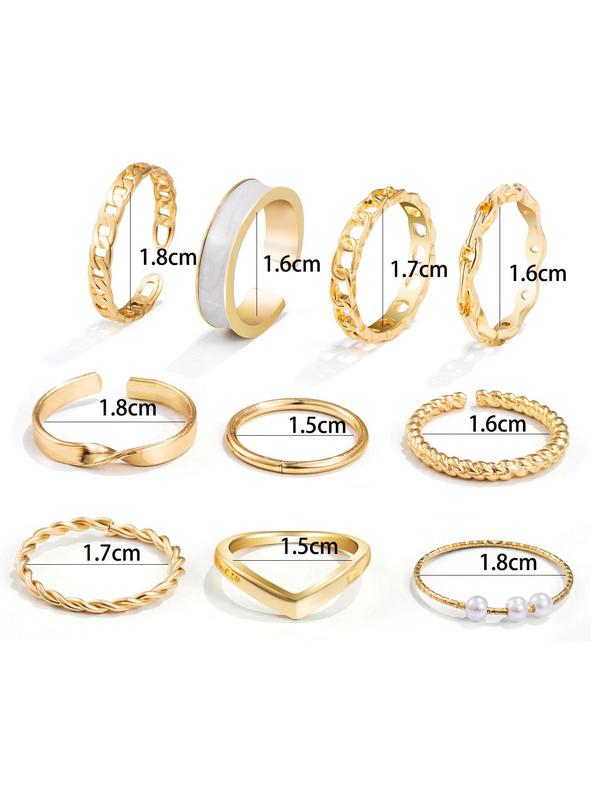 Women's 10pcs Elegant Faux Pearls Decor Alloy Ring Set, Casual Versatile Jewelry For Party, Daily Clothing Decor For Girl