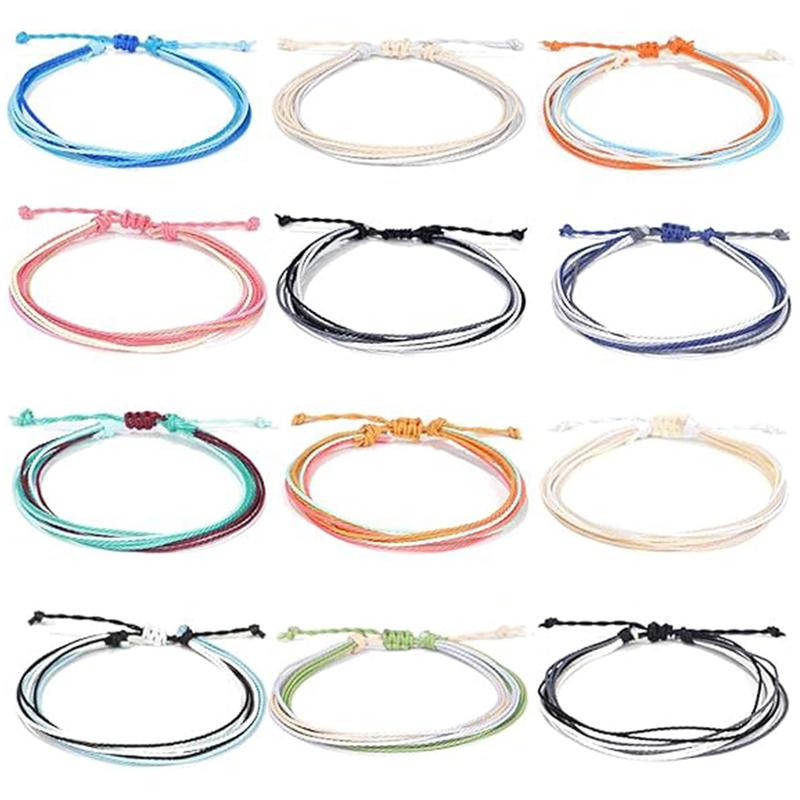 Random Color Adjustable Handmade Braided Rope Beaded Anklet, 12pcs set Boho Style Ankle Bracelet, Summer Beach Surfers Wave Bracelet