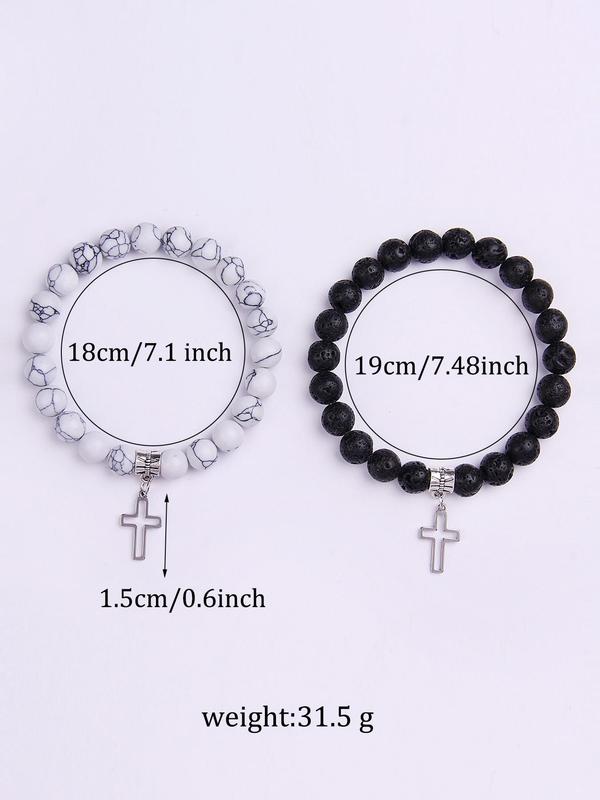 Fashion Stone Beaded Bracelet, Casual Cross Pendant Bracelet for Women & Men, Trendy All-match & Exquisite Jewelry for Birthday Gift