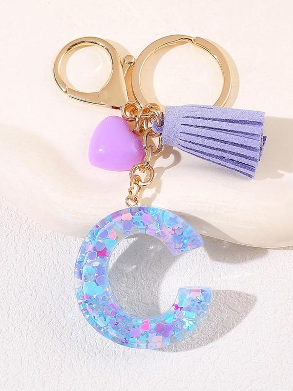 Initials Letter Keychain, Cute Heart Tassel Decor Resin Charm with Key Ring, Fashion Accessories for Women & Girls, Unique Gift Idea for Friends and Family