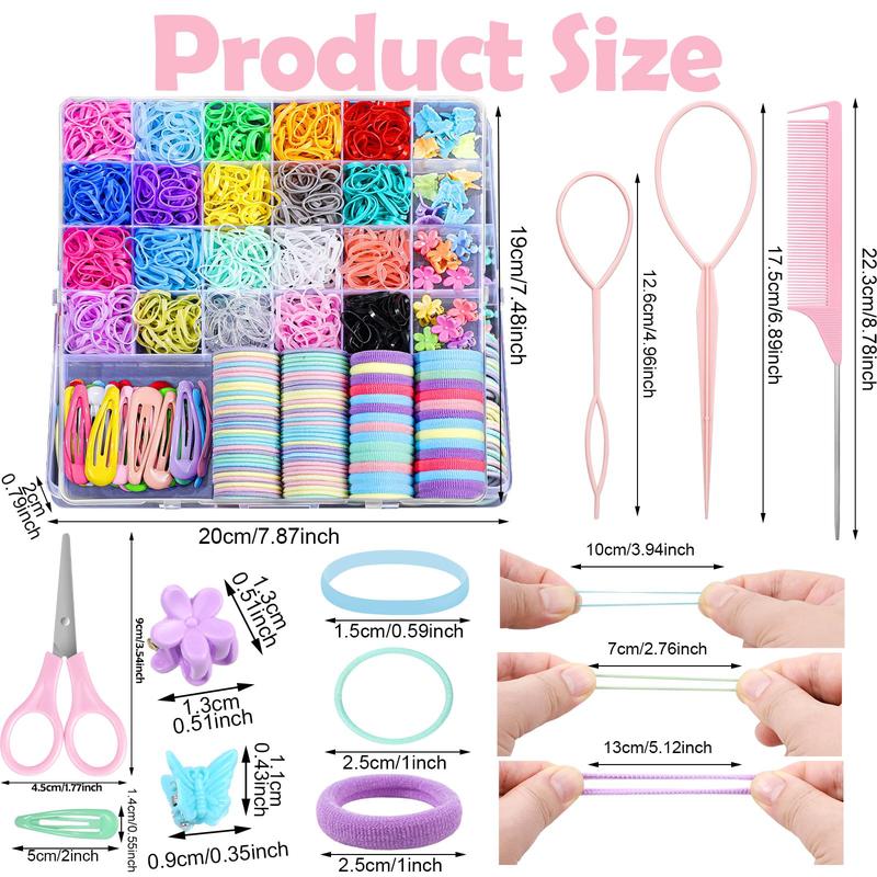 Hair Accessories for Girl, 1543 Pcs Elastic Hair Rubber Bands Set 20 Colors Elastic Hair Ties with Organizer Box Cotton Hair Ties, Hair Tail Tools, Rat Tail Comb, Butterfly Hair Clips