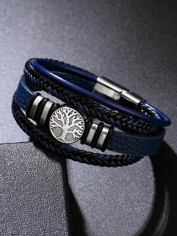 Men's Punk Style Tree of Life Design Pu Leather Braided Bangle,  Fashionable Multilayer Bangle for Daily Decoration, Minimalist Aesthetic Jewelry