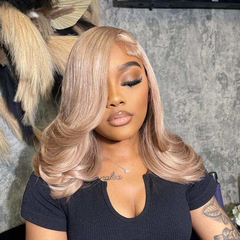 Arabella Ash Blonde Long Bob Wig 6x5 Gluless Put-on-Go Full Lace Closure Human Hair Wig 250% Density Super Silky Straight High Density Double Drawn Milk Tea Color Human Frontal LaceWig