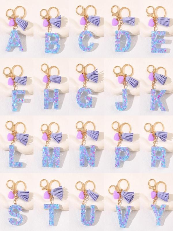 Initials Letter Keychain, Cute Heart Tassel Decor Resin Charm with Key Ring, Fashion Accessories for Women & Girls, Unique Gift Idea for Friends and Family