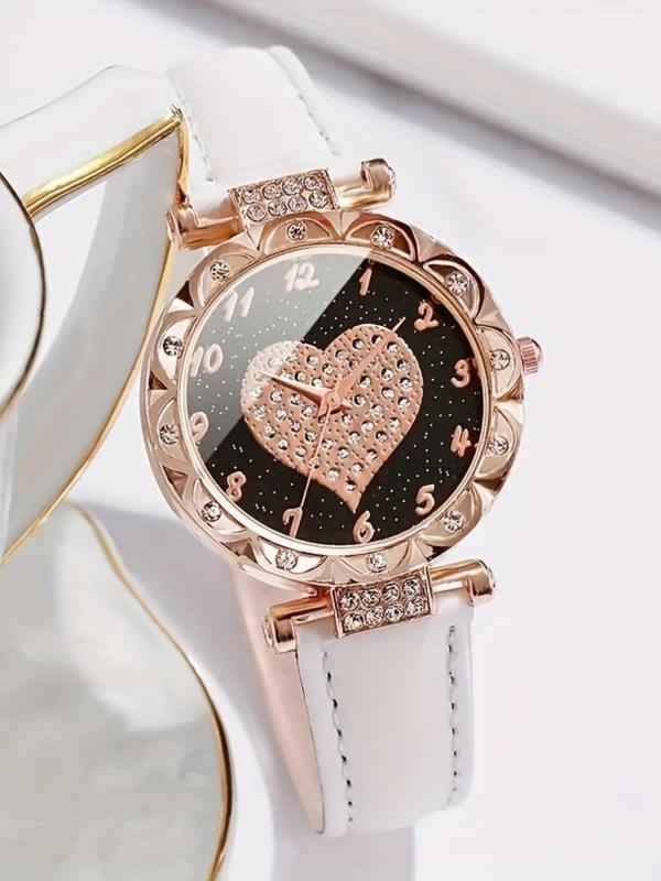 Women's Elegant Rhinestone Heart Decor Quartz Watch Set, Fashionable Round Dial Analog Watch for Women & Girls, Trendy All-match Watch for Birthday Gift, without Box