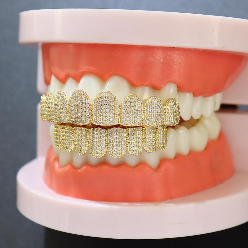 Eight tooth flat teeth hip hop braces for men and women, 18k copper micro inlaid zircon gold plated teeth trend