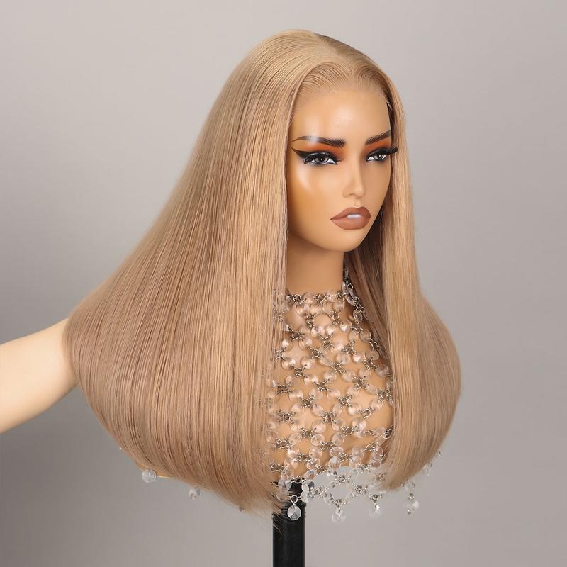 Arabella Ash Blonde Long Bob Wig 6x5 Gluless Put-on-Go Full Lace Closure Human Hair Wig 250% Density Super Silky Straight High Density Double Drawn Milk Tea Color Human Frontal LaceWig