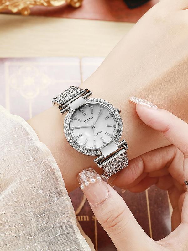 Women's Elegant Rhinestone Decorated Quartz Watch, Fashionable Round Dial Analog Wristwatch, Trendy Watch As Gift without Box for Women