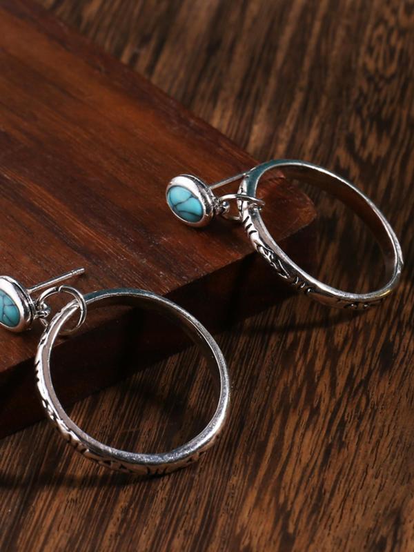 1 Pair Vintage Round Dangle Earrings with Turquoise Texture, Matching Bohemian Earrings Jewelry for Party, Daily Clothing Decor for Girl