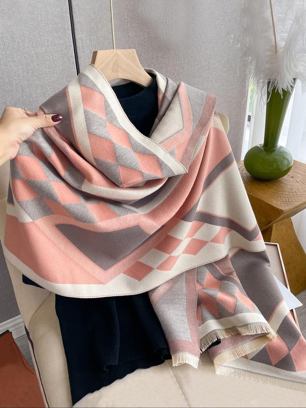 Women's Colorblock Geometric Pattern Tassel Decor Shawl, Casual Warm Double Sided Long Scarf for Fall & Winter, Fashion Accessories for Daily Wear