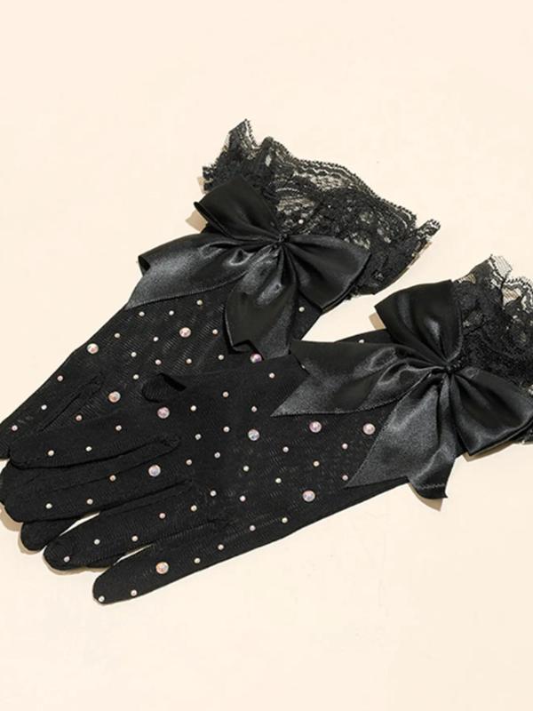 Rhinestone Decor Bow Design Mesh Gloves, Fashionable Lace Gloves for Women & Girls, Elegant All-match Fashion Accessories for Daily Wear