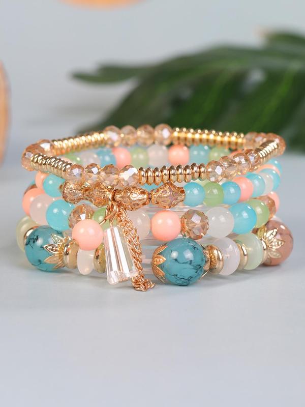 4pcs set Boho Style Multi-layer Beaded Bracelet, Glass Bracelet For Women For Daily Decoration, Fashionable Jewelry for Women