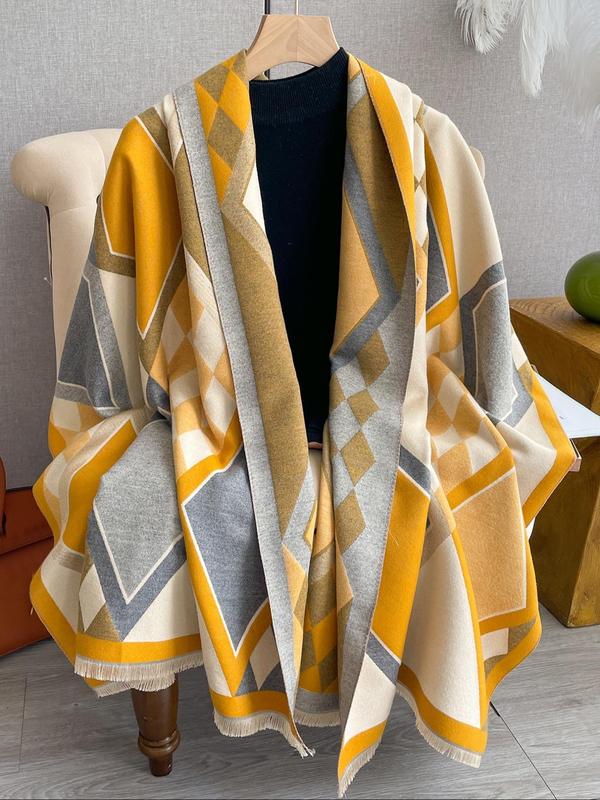 Women's Colorblock Geometric Pattern Tassel Decor Shawl, Casual Warm Double Sided Long Scarf for Fall & Winter, Fashion Accessories for Daily Wear