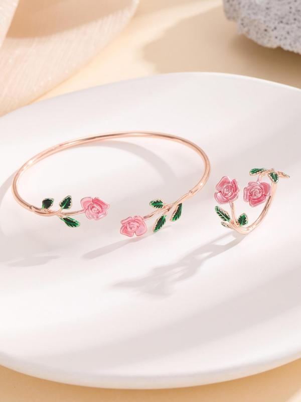 Flower Decorated Drop Oil Jewelry Set, Including Ring & Cuff Bracelet, Fashion Accessories for Women