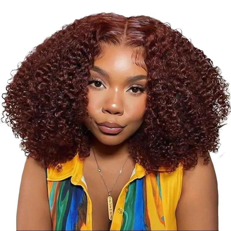 ISEE Wear Go Kinky Curly Reddish Brown Color Human Hair Glueless 6*4 Lace Closure Wig