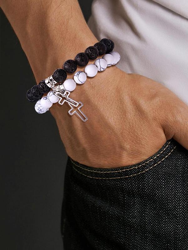 Fashion Stone Beaded Bracelet, Casual Cross Pendant Bracelet for Women & Men, Trendy All-match & Exquisite Jewelry for Birthday Gift