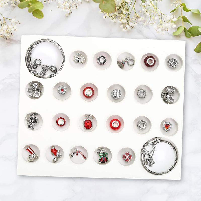 Naler Christmas Jewelry Advent Calendar 2024 Christmas Countdown Calendar Jewelry Charms Making Kit for Women - Includes 22 Charms, 1 Necklace, 1 Bracelet, Silver Red