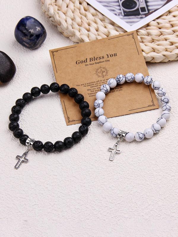 Fashion Stone Beaded Bracelet, Casual Cross Pendant Bracelet for Women & Men, Trendy All-match & Exquisite Jewelry for Birthday Gift