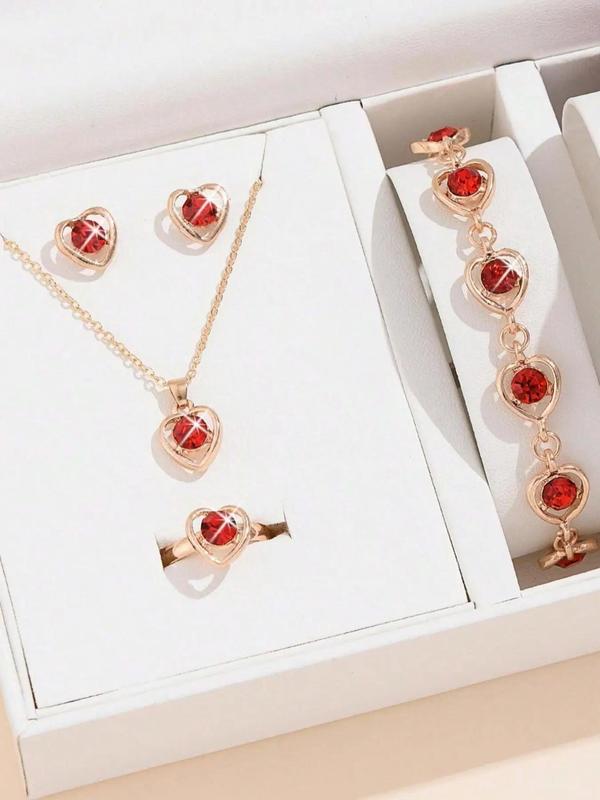 Women's Elegant Heart Jewelry Set, Rhinestone Necklaces & Bracelets & Earrings & Rings, Fashion Jewelry Set for Party & Daily Decor, Perfect for Gift