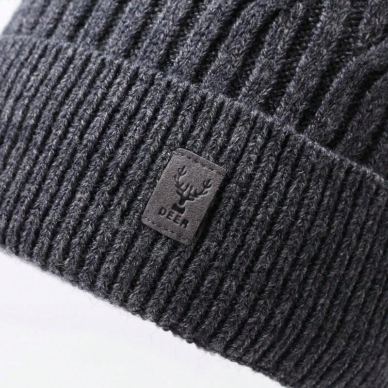 1pc Men's Plain Label Knitted Thickened Warm Beanie Hat, Windproof Casual Street Style Outdoor Sports Hat For Autumn Winter