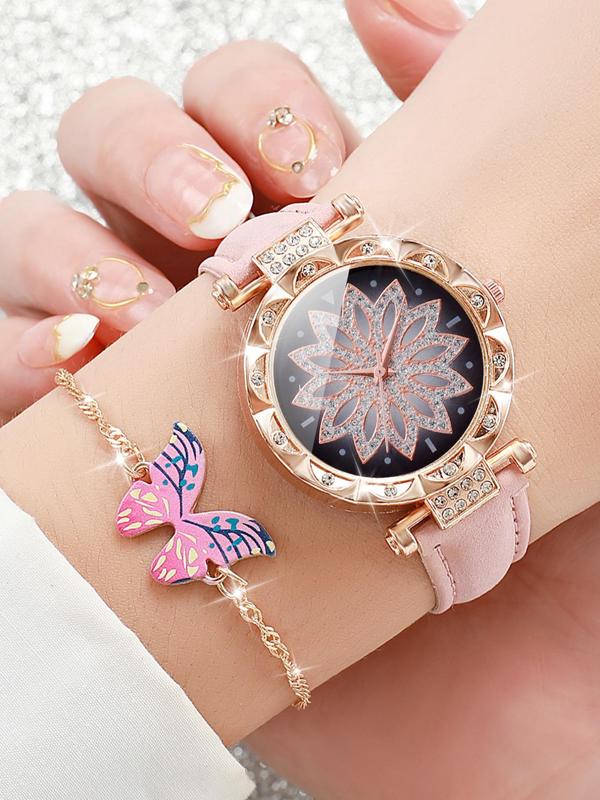 Elegant Watch & Vintage Jewelry Set Gift, 5pcs set Fashion Pu Leather Strap Watch & Butterfly Charm Bracelet & Matching Necklace & Dangle Earrings, Exquisite Y2k Wristwatch Set As Gift without Box