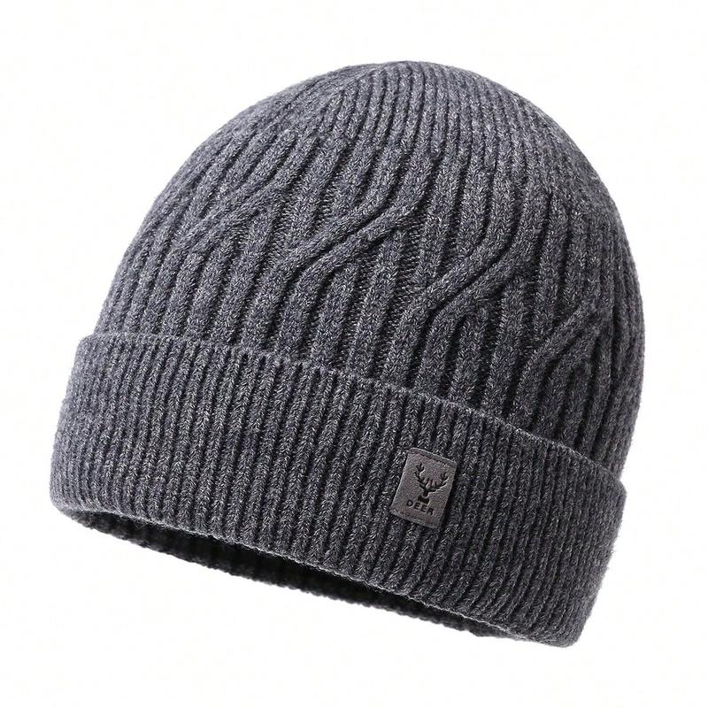 1pc Men's Plain Label Knitted Thickened Warm Beanie Hat, Windproof Casual Street Style Outdoor Sports Hat For Autumn Winter