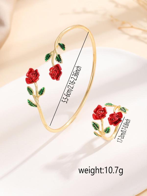 Flower Decorated Drop Oil Jewelry Set, Including Ring & Cuff Bracelet, Fashion Accessories for Women