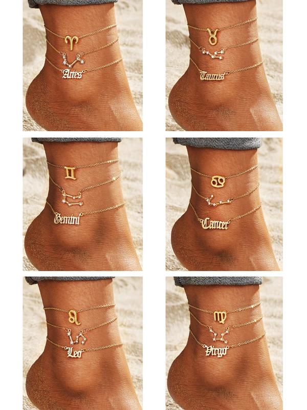 Fashion Constellation Design Anklet for Women & Girls (3pcs), New Fashion Jewelry for Party, Daily Clothing Decor, Trendy All-match & Exquisite Jewelry for Birthday Gift