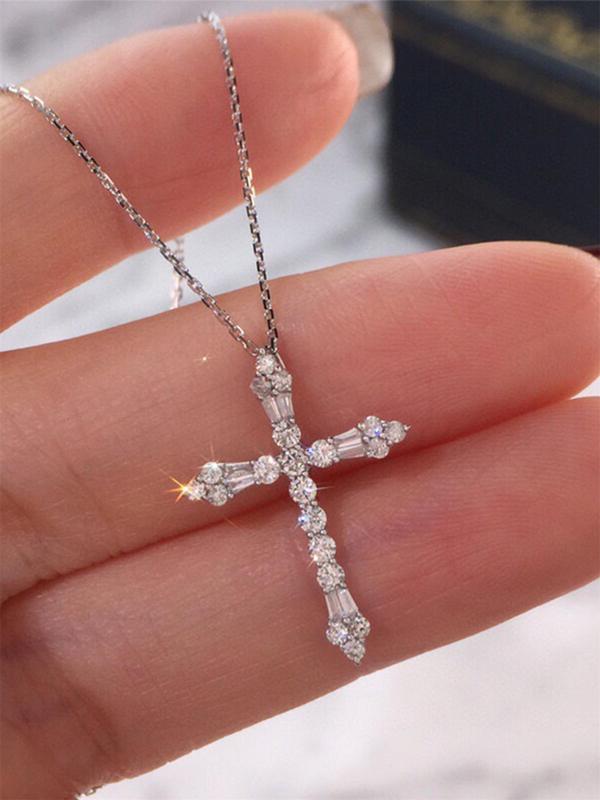 Rhinestone Cross Pendant Necklace for Women, 2024 New Style Jewelry for Party, Daily Clothing Decor, Trendy Cool Female Accessories for Birthday Gift