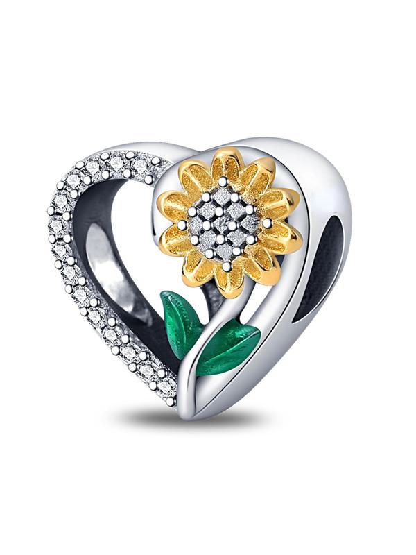 Sunflower Design Rhinestone Decorated Heart Shaped Charm,   Diy Jewelry Making Supplies for Necklace and Bracelet, Fashion Accessories for Women & Girls for Holiday Engagement Gift