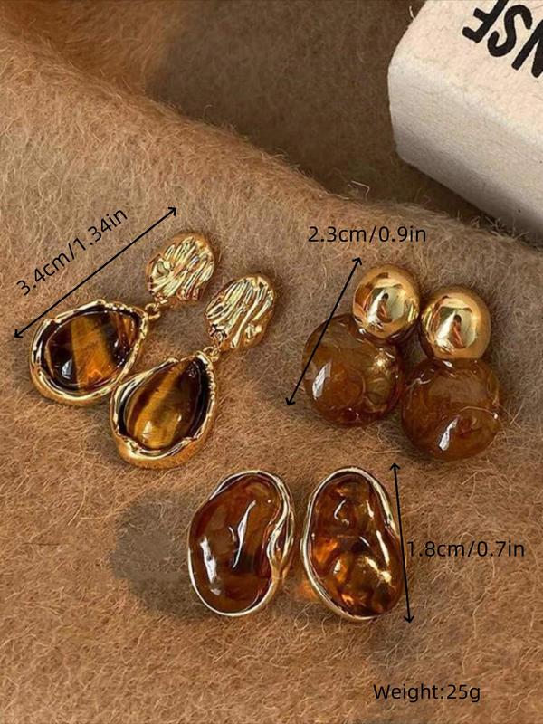 Vintage Tiger Eye Stone Decorated Earrings Set, Elegant Geometric Design Earrings for Women, Trendy All-match & Exquisite Jewelry for Birthday Gift