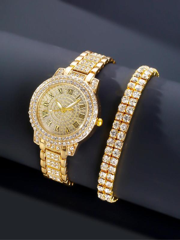 Women's Elegant Fashion Rhinestone Decorated Quartz Watch & Bracelet Set (2pcs), without Box, Fashion Watch Set for Party, Daily Decor, Trendy All-match & Exquisite Watch Set for Birthday Gift