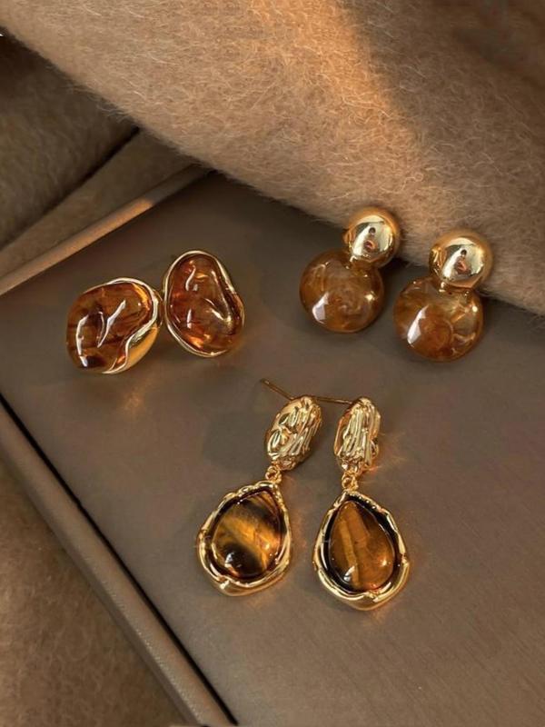 Vintage Tiger Eye Stone Decorated Earrings Set, Elegant Geometric Design Earrings for Women, Trendy All-match & Exquisite Jewelry for Birthday Gift