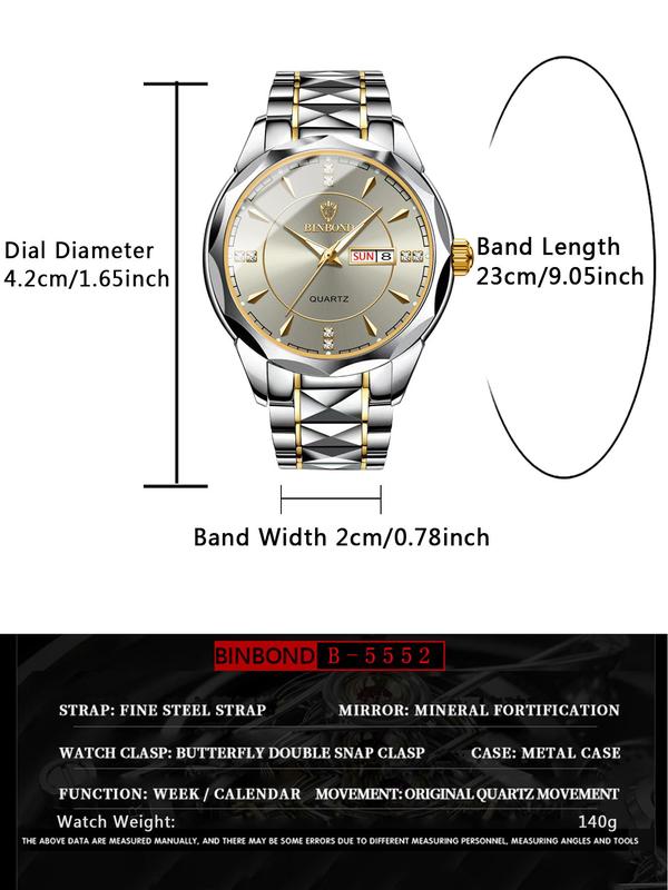 Men's Business Fashion Round Dial Analog Quartz Watch, Fashion Wear Resistant Rhinestone Decor  Watch for Party, Daily Decor, Trendy Watch for Birthday Gift with Box