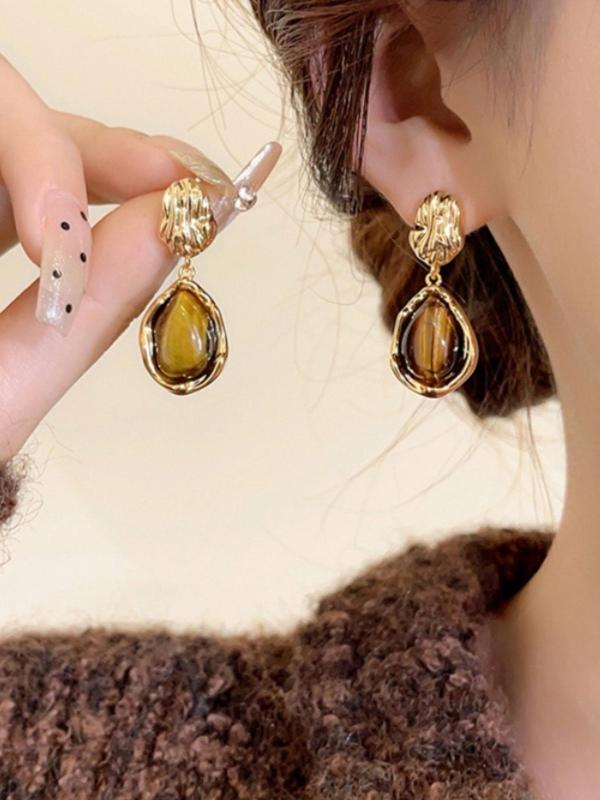 Vintage Tiger Eye Stone Decorated Earrings Set, Elegant Geometric Design Earrings for Women, Trendy All-match & Exquisite Jewelry for Birthday Gift