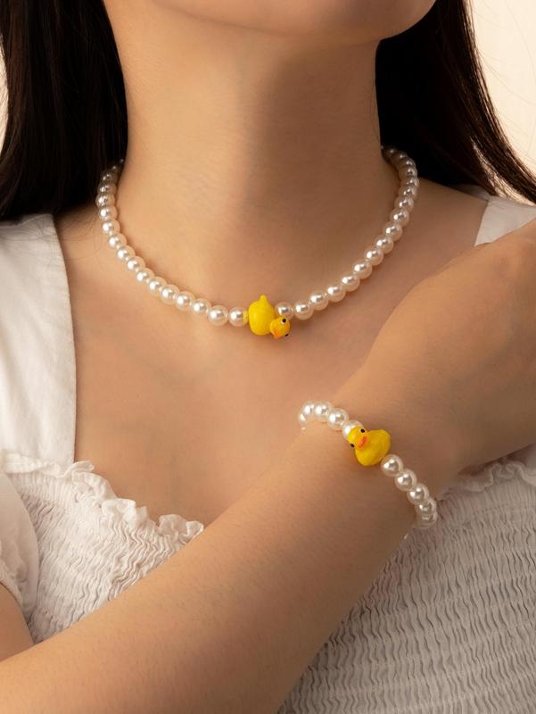  2pcs Plain Faux Pearls Duck Decor Jewelry Set