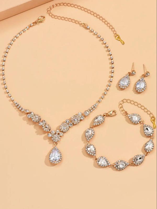 Women's Elegant Rhinestone Decor Water Drop Shape Jewelry Set, 4pcs set Trendy Exquisite Bracelet & Pendant Necklace & Dangle Earrings, Chic All-match Jewelry Set As Gift for Girlfriend