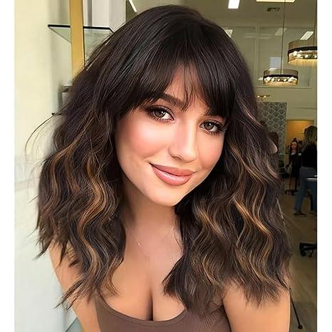 Curly Bob Wig With Bangs Short Wavy Brown With Highlight Color Wigs For Woman Synthetic Heat Resistant Bob Wigs  Natural Brown with Blonde Highlight Curly Brown