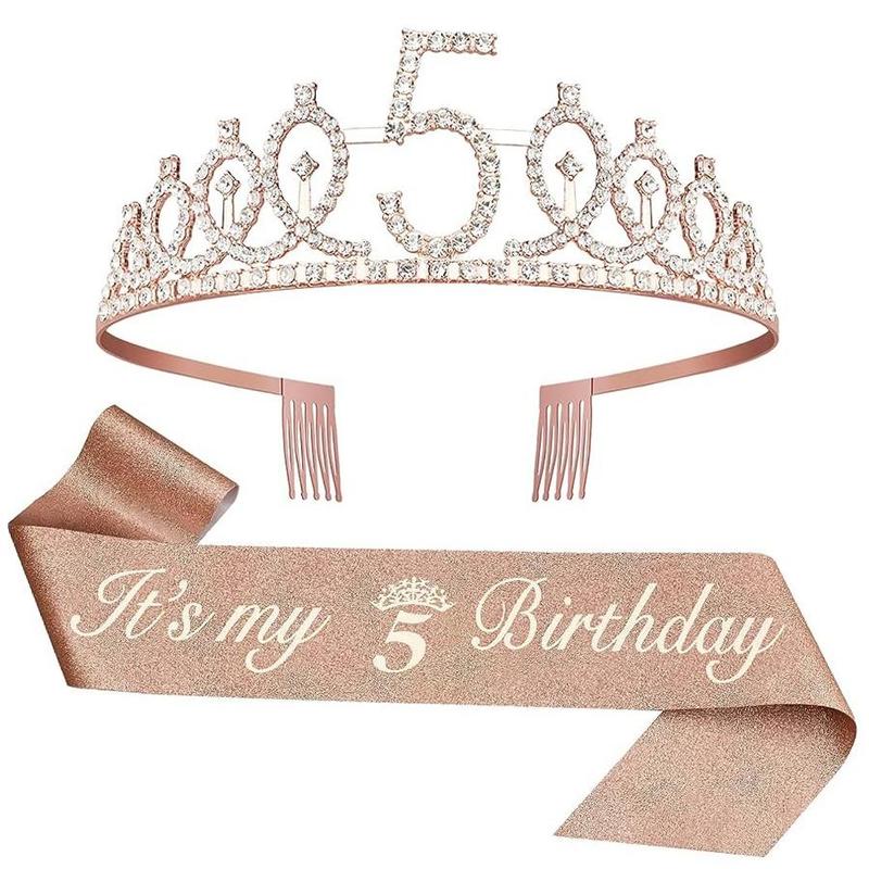 Birthday Crown Set, 2 Counts set Including Rhinestone Crown & Letter Print Sash Ribbon, Birthday Party Supplies, Party Accessories for Women