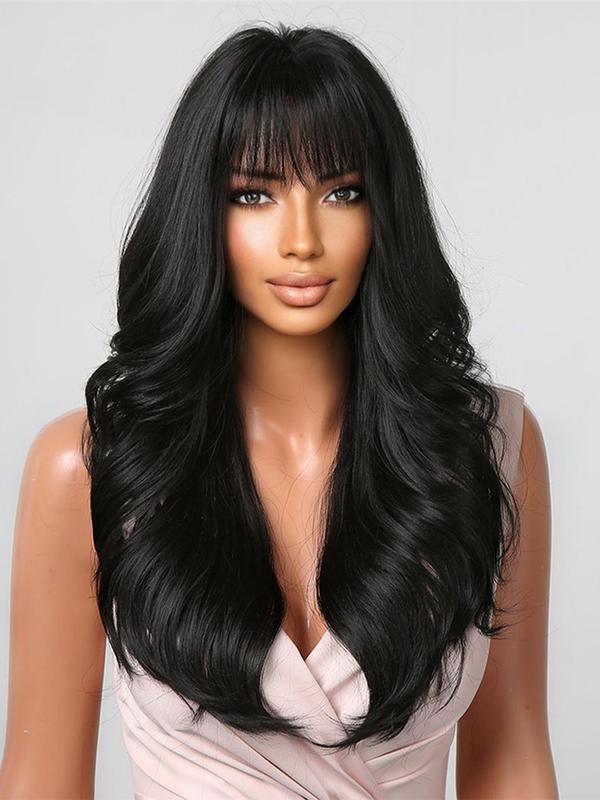 24 Inch Black Long Curly Wigs for Women, Natural Looking Wigs with Bangs, Synthetic Full Machine Wigs for Party, Daily Use, Elegant All-match Fashion Accessories,  Wigs for Women