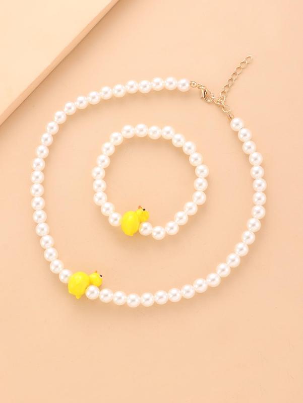  2pcs Plain Faux Pearls Duck Decor Jewelry Set