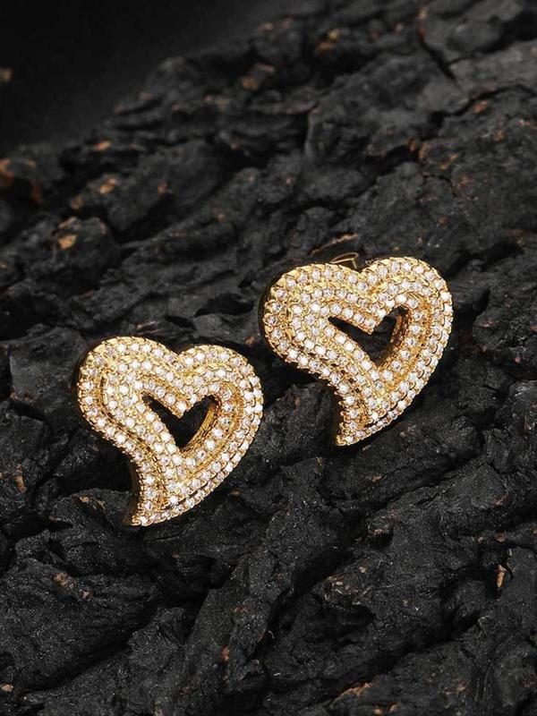 Hollow Out Heart Design Stud Earrings (1 Pair), Rhinestone Decor Stud Earrings, Fashionable Jewelry for Women & Girls