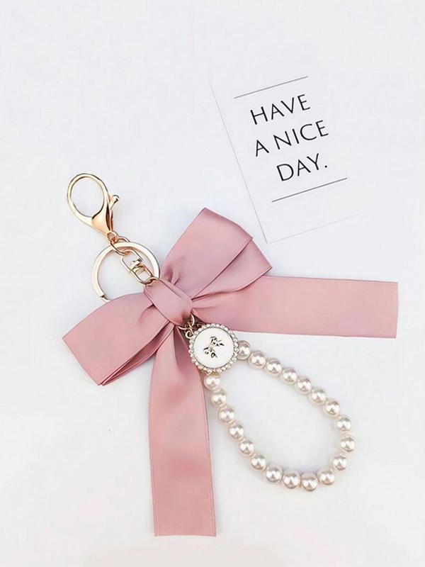 Cute Faux Pearl Decorated Wristlet Keychain, 2024 Summer & Fall Trendy Bowknot & Rhinestone Decor Keychain, Phone Wallet Key Accessories for Women & Girls Car Accessories For Girls