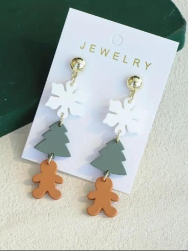 Cute Christmas Themed Dangle Earrings, Acrylic Gingerbread Man & Snowflake & Tree Design Earrings, Fashion Jewelry Accessories for Women & Girls