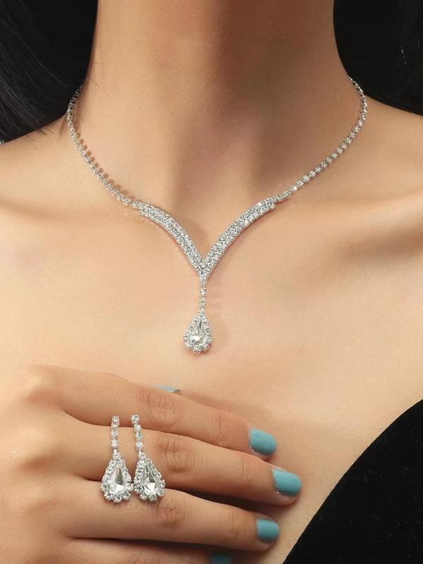 Women's Elegant Rhinestone Decorated Water Drop Shaped Necklace & Dangle Earrings,  Luxury Trendy Jewelry Set, Fashion Accessories for Party Decoration