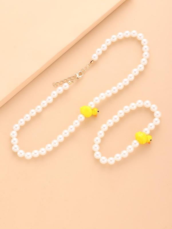  2pcs Plain Faux Pearls Duck Decor Jewelry Set