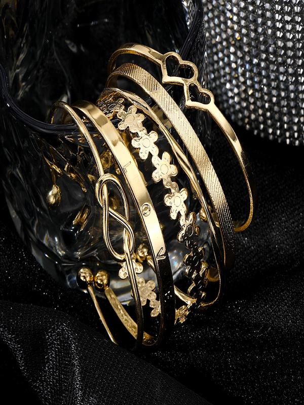 Women's Elegant Hollow out Flower & Heart Design Cuff Bangle (6pcs), Exquisite Trendy Bracelet, Fashionable Accessories for Daily & Party Decoration