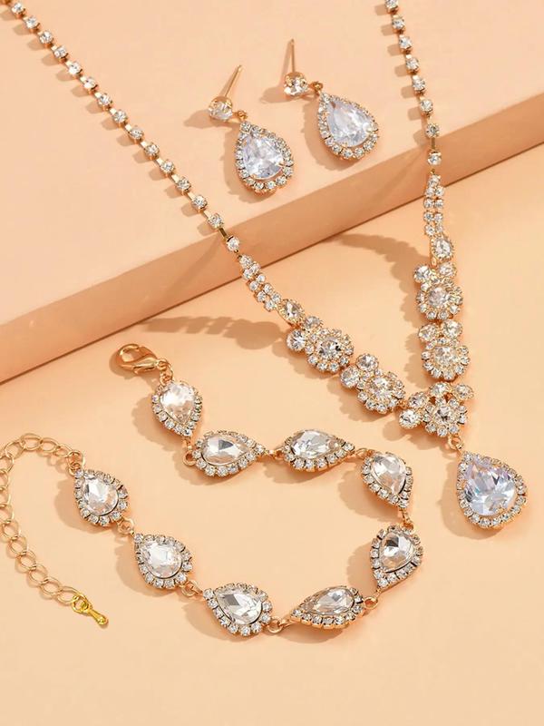 Women's Elegant Rhinestone Decor Water Drop Shape Jewelry Set, 4pcs set Trendy Exquisite Bracelet & Pendant Necklace & Dangle Earrings, Chic All-match Jewelry Set As Gift for Girlfriend