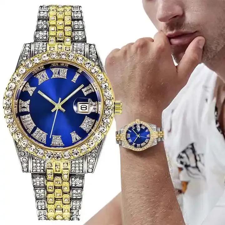 Men's Icy Elegance Watch with Rhinestones and Date Display for Parties and Daily Wear