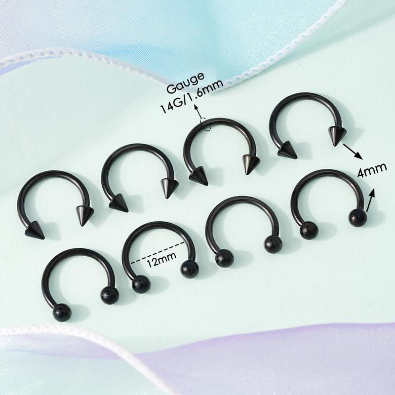 Oufer 14G 8PCS 8 10 12MM Ball and Spike Ends Septum Ring Circular Barbell